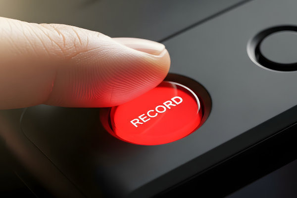 Close up of a finger pressing a shining red button with the word 'Record' on it