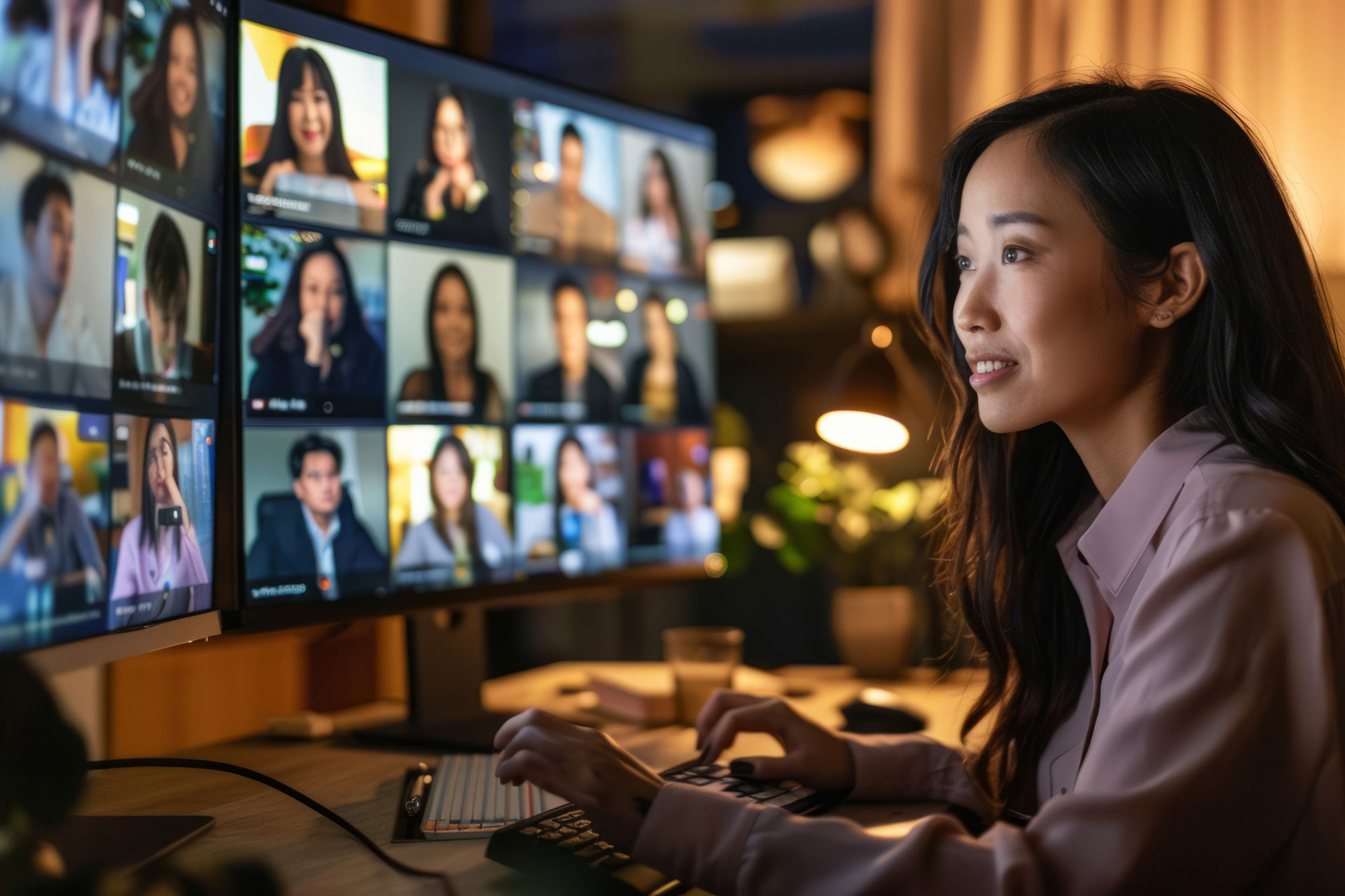 Asian woman conducting a video conference call from home office