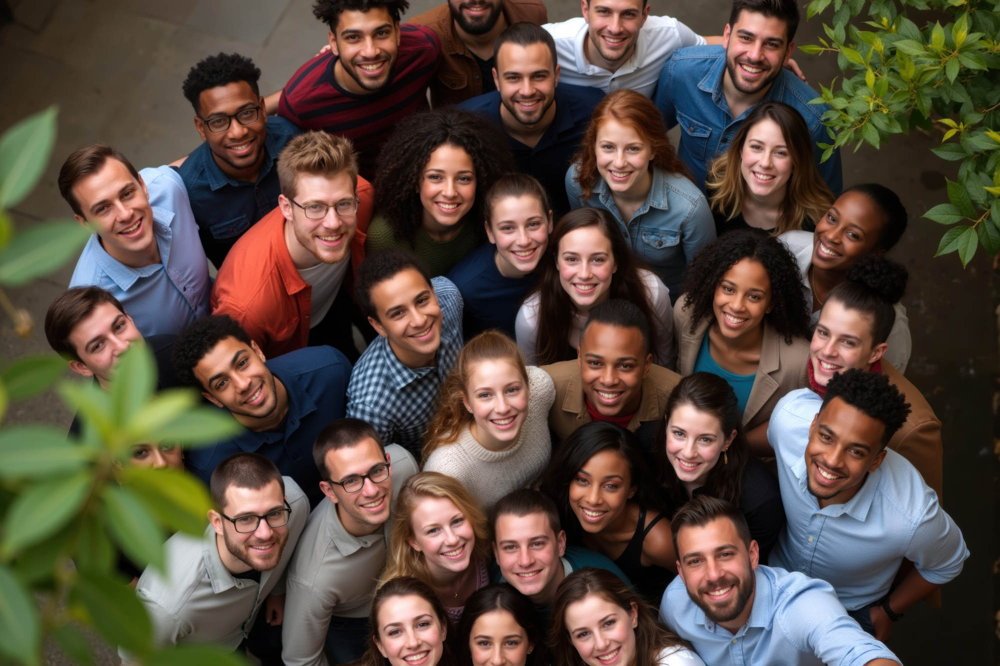 Happy, diverse group of people smiling and posing together outdoors