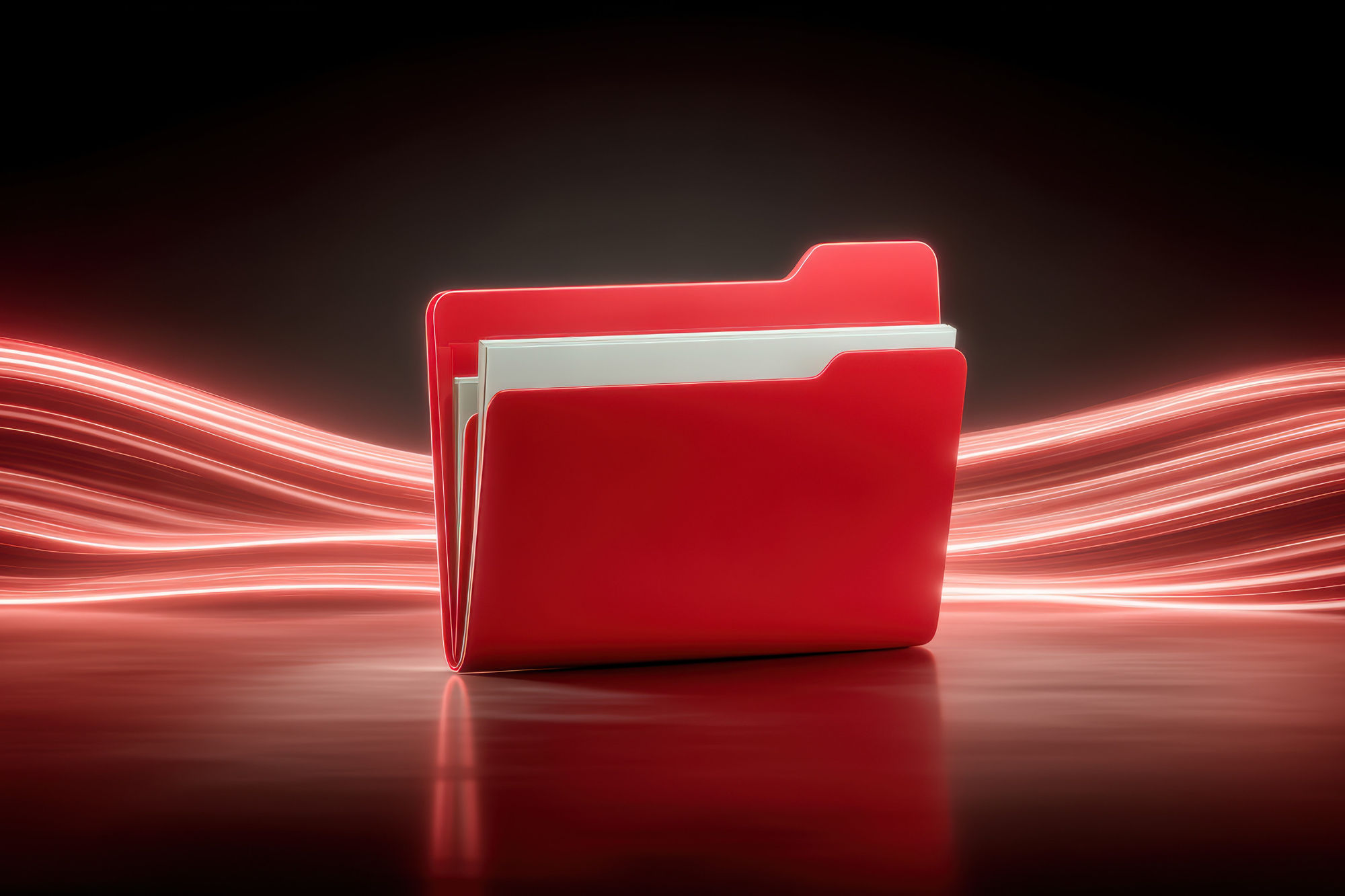Red folder with glowing light trail symbolizing data flow